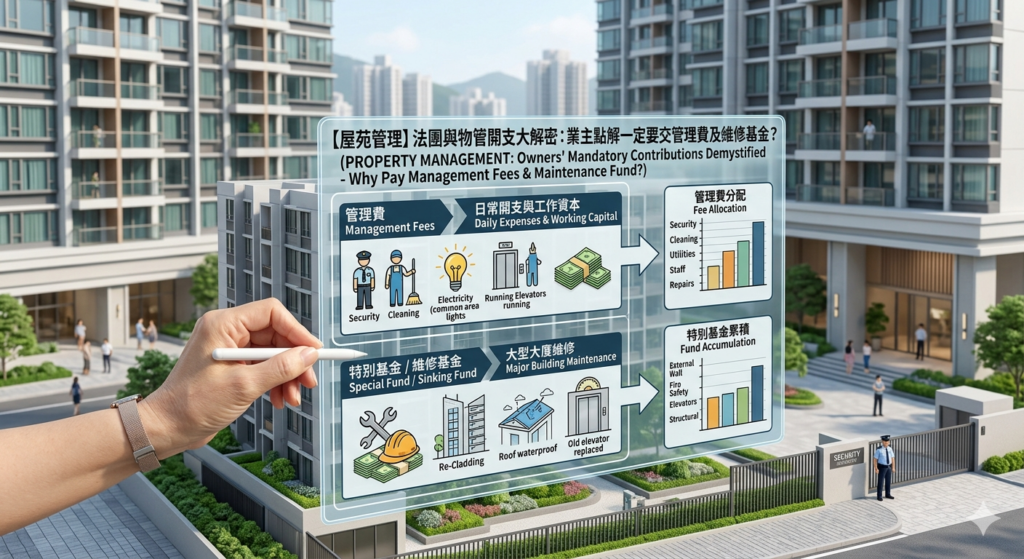 A professional property management financial infographic in an editorial style, visualizing the financial structure of a modern Hong Kong residential estate in the background. The chart provides a clear comparison between "Management Fees" (for daily expenses like security, cleaning, and working capital) and the "Special Fund/Sinking Fund" (for major building maintenance like re-cladding and roof waterproofing). Bar charts on the right show fee allocation and fund accumulation. A hand with a stylus points to the interface. The entire image has a high-quality, professional, and educational tone