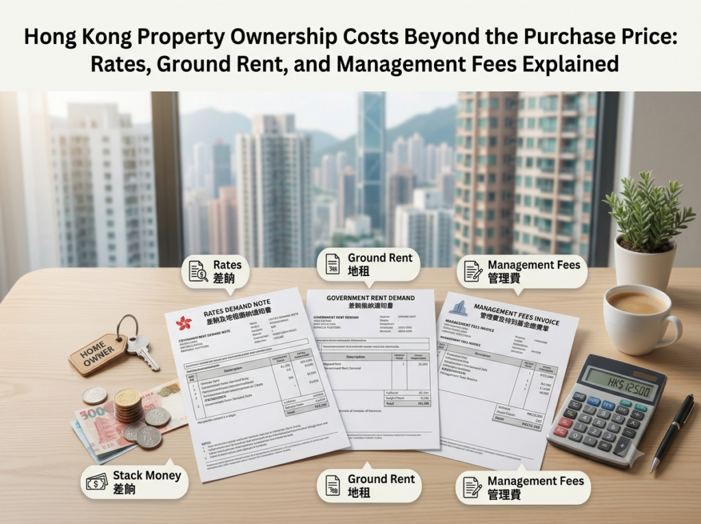 An infographic on a wooden desk showing Hong Kong property ownership costs beyond the purchase price, featuring labeled demand notes for Rates, Ground Rent, and Management Fees, a calculator displaying HK$12,500, HKD cash, and a home owner key with a Hong Kong skyscraper skyline in the background