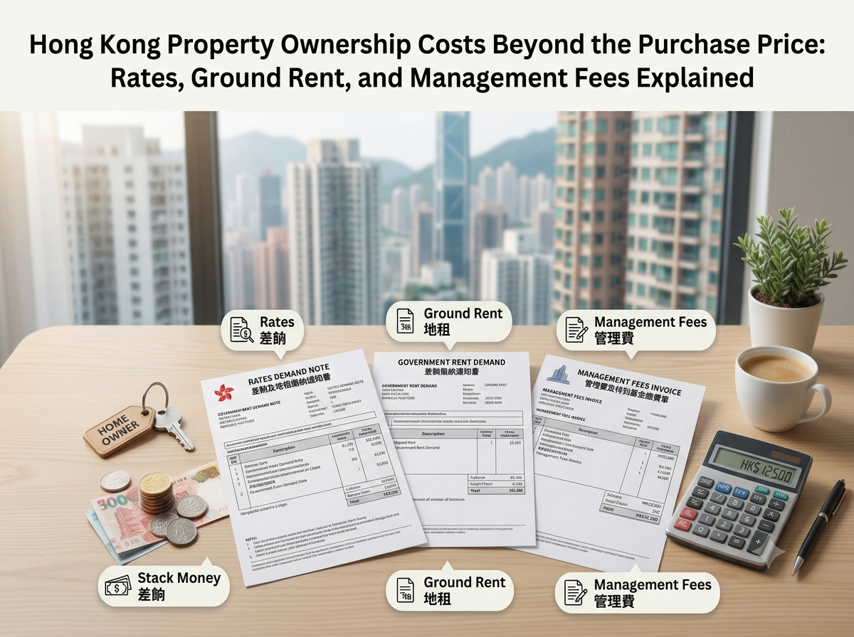 An infographic on a wooden desk showing Hong Kong property ownership costs beyond the purchase price, featuring labeled demand notes for Rates, Ground Rent, and Management Fees, a calculator displaying HK$12,500, HKD cash, and a home owner key with a Hong Kong skyscraper skyline in the background