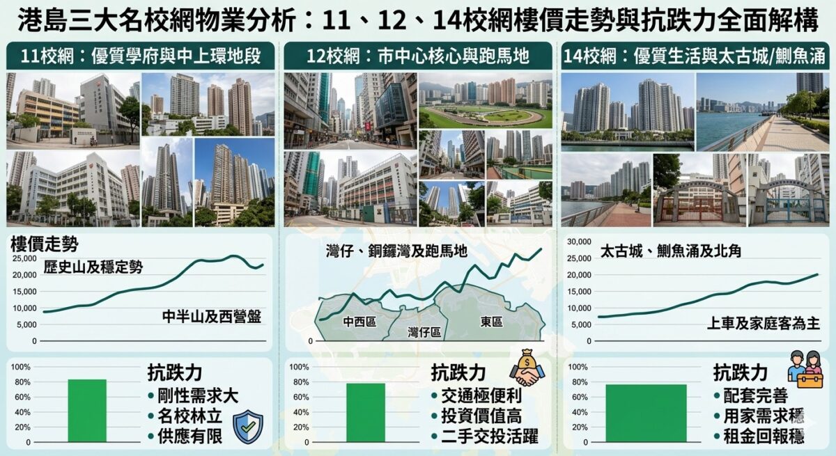 港岛11、12、14校网的物业分析图表,包含中西区、湾仔区及东区楼价走势折线图、抗跌力条形图,以及各校网与屋苑的实景照片