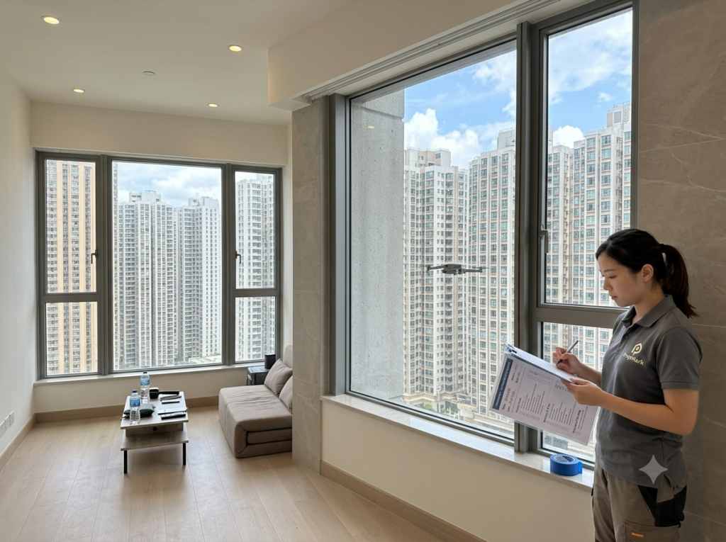 A 4:3 interior shot of a modern Hong Kong residential apartment during a home inspection, featuring a large window showcasing the high-density city buildings outside