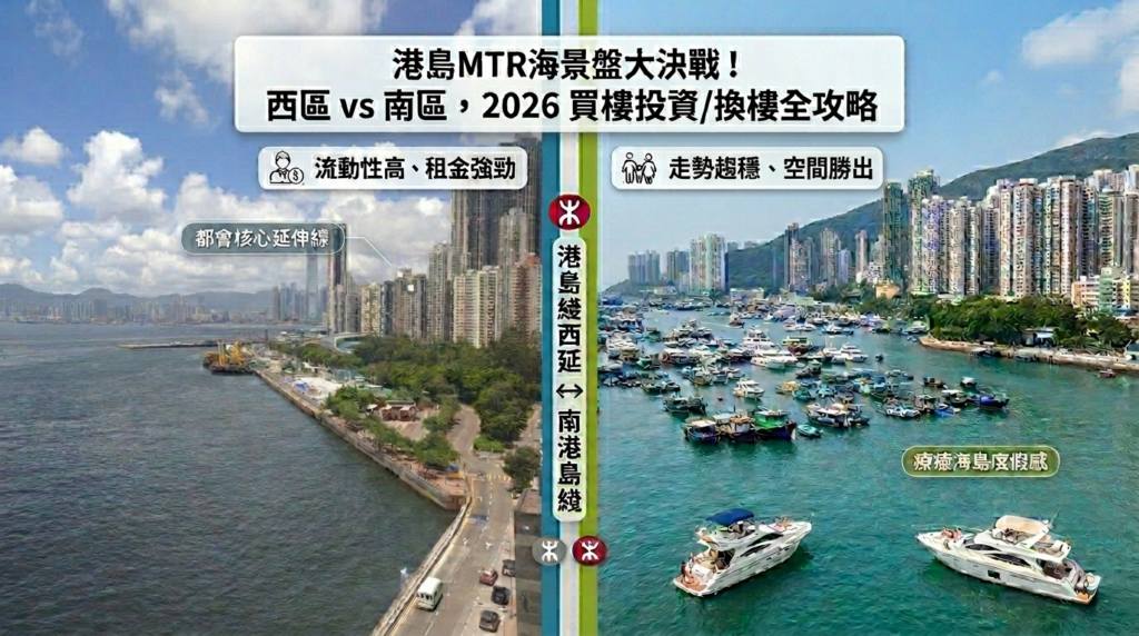 Comparison of Hong Kong Island MTR seaview properties. Left side shows the bustling urban coast of West District (Kennedy Town), right side shows the relaxing resort-style Aberdeen Typhoon Shelter and Ap Lei Chau in South District, separated by MTR lines