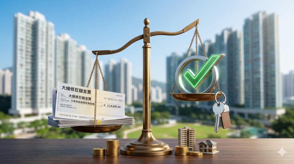 A scale weighing a large building renovation check on the left and a green checkmark voting icon with apartment keys on the right, with Hong Kong residential buildings in the background, symbolizing property owners voting at the AGM to protect their assets