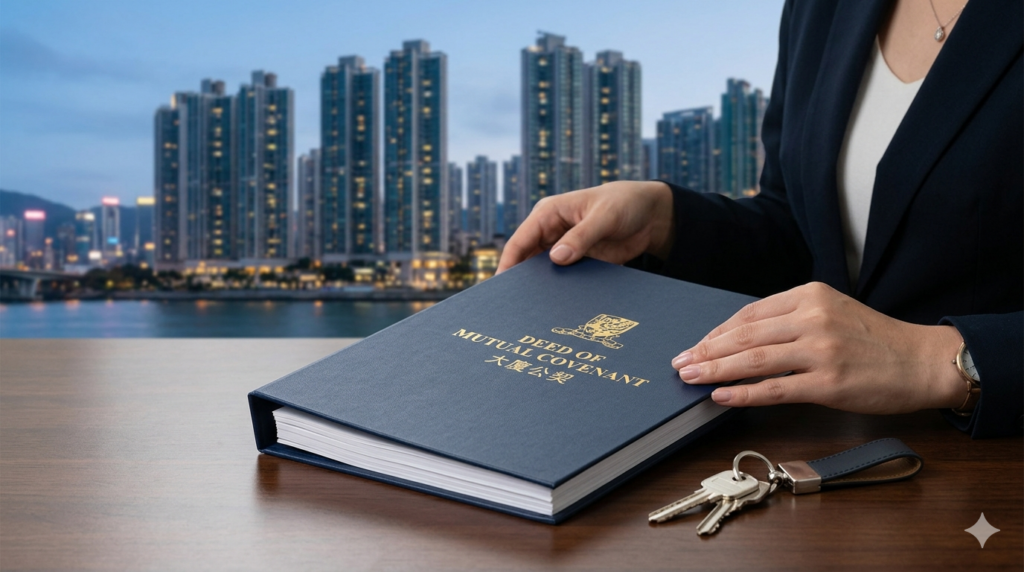 Hong Kong residential buildings, Deeds of Mutual Covenant (DMC) legal documents, and new property keys symbolizing the legal obligations and management fee responsibilities of property owners in Hong Kong