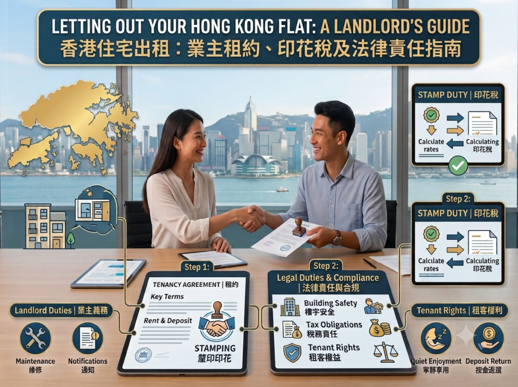 香港住宅出租指南圖表，展示業主與租客簽署租約，並標示釐印印花、業主義務、樓宇安全及租客權益等法律責任。