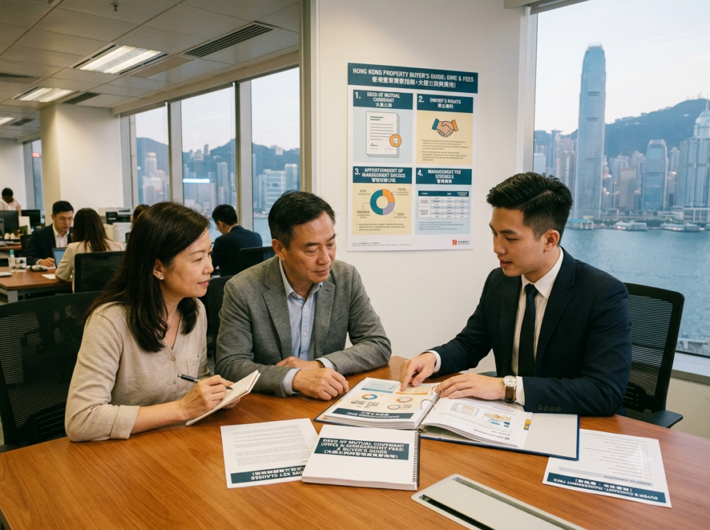 In a high-rise office with a panoramic view of the Hong Kong skyline and Victoria Harbour, an estate agent in a navy blazer presents an informational guide to a couple. On the table, an open binder titled "DEED OF MUTUAL COVENANT (DMC) & MANAGEMENT FEES" contains infographics and charts, while a wall-mounted chart details the guide's contents, including sections on owner's rights, apportionment of shares, and management fee schedules. The man holds a calculator and points at the guide, while the woman takes notes in a spiral notebook.