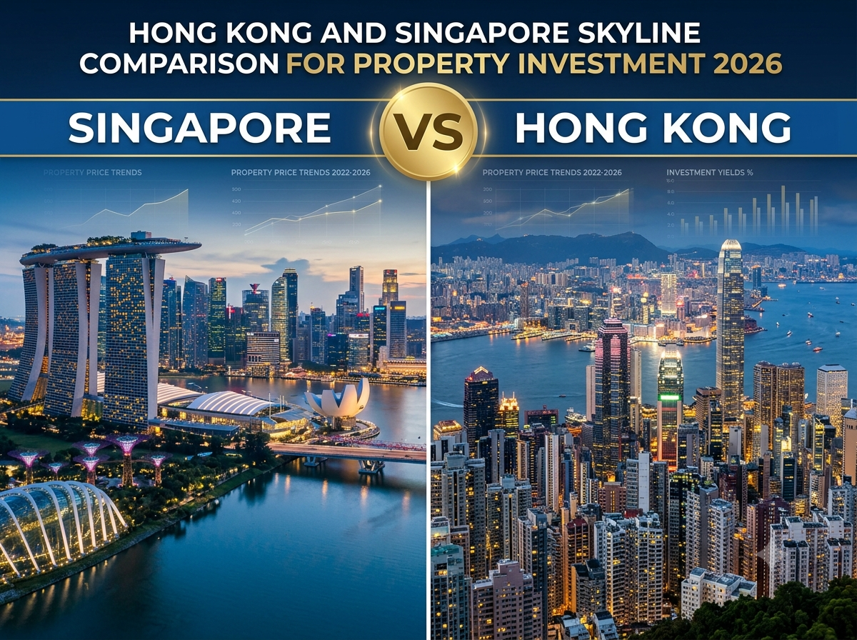 A 4:3 split-screen comparison image for 2026 property investment, featuring Singapore's Marina Bay Sands on the left and Hong Kong's Victoria Harbour skyline on the right. The image includes a gold 'VS' badge in the center, financial trend charts, and the text 'Hong Kong and Singapore Skyline Comparison for Property Investment 2026'
