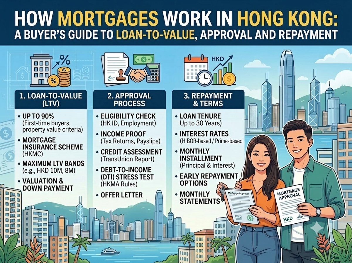 Infographic titled "How Mortgages Work in Hong Kong: A Buyer’s Guide to Loan-to-Value, Approval, and Repayment." The image is divided into three numbered informational columns: 1. Loan-to-Value (LTV), 2. Approval Process, and 3. Repayment & Terms. Each column includes descriptive bullet points and relevant vector icons. A smiling young couple stands on the right, holding documents marked "Mortgage Approval" and "HKD," against a backdrop of the Victoria Harbour skyline.