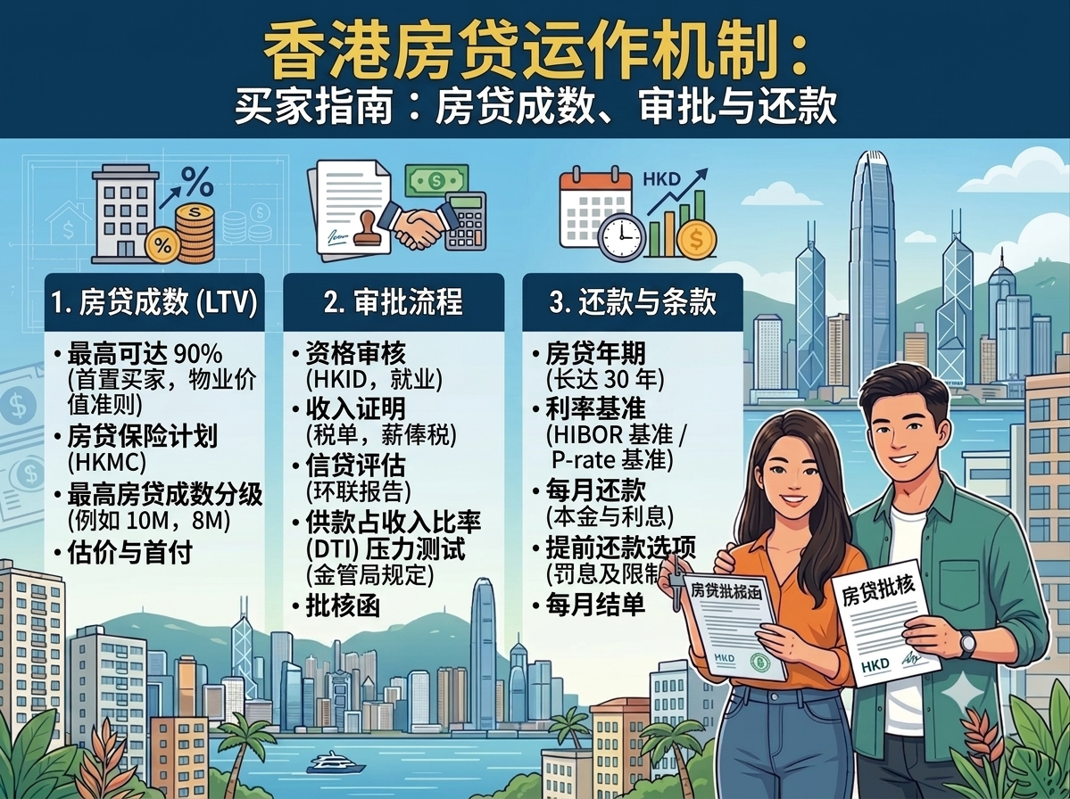 资讯图表，标题为：“香港按揭运作机制：买家指南：按揭成数、审批与还款”。图片分为三个编号的资讯栏位：1. 按揭成数 (LTV)、2. 审批流程，以及 3. 还款与条款。每个栏位都包含描述性的要点和相关的矢量图示。右侧站着一对微笑的年轻夫妇，手持标有“按揭批核”和“HKD”的文件，背景是维多利亚港的天际线。