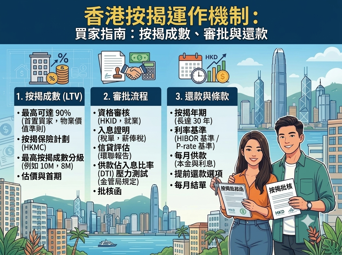 資訊圖表，標題為：「香港按揭運作機制：買家指南：按揭成數、審批與還款」。圖片分為三個編號的資訊欄位：1. 按揭成數 (LTV)、2. 審批流程，以及 3. 還款與條款。每個欄位都包含描述性的要點和相關的向量圖示。右側站著一對微笑的年輕夫婦，手持標有「按揭批核」和「HKD」的文件，背景是維多利亞港的天際線。