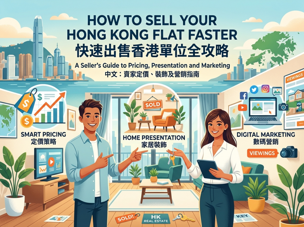 一幅 4:3 向量風格的香港物業出售指南配圖。背景為維多利亞港與經典的香港天際線。前景中，一男一女房產經紀在一間現代化住宅單位內，展示三個核心要點的圖標與雙語文字：「定價策略 (Smart Pricing)」、「家居裝飾 (Home Presentation)」及「數碼營銷 (Digital Marketing)」。上方醒目顯示文章標題「快速出售香港單位全攻略：賣家定價、裝飾及營銷指南」。