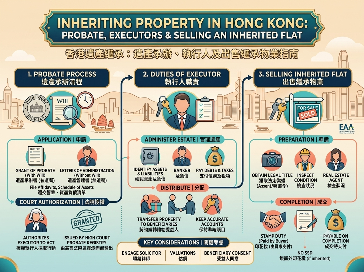 這是一張說明香港繼承遺產物業流程的資訊圖表。分為三個主要步驟：1. 遺產承辦流程（向高等法院申請遺產承辦書或遺產管理書）；2. 執行人職責（確認資產及負債、支付債務與稅項、將物業轉讓予受益人）；3. 出售繼承物業（獲取法定業權、安排睇樓與地產代理合作、簽約成交）。底部標示關鍵考慮因素，包括聘請律師、物業估價、受益人同意，以及繼承物業豁免額外印花稅（SSD）等注意事項。