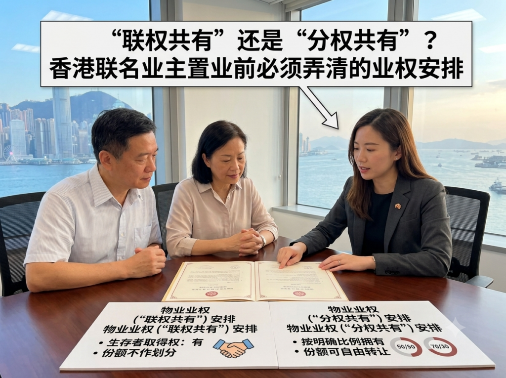 一名专业顾问向一对夫妇解释香港联名业主的“联权共有”（长命契）与“分权共有”两种业权安排。
