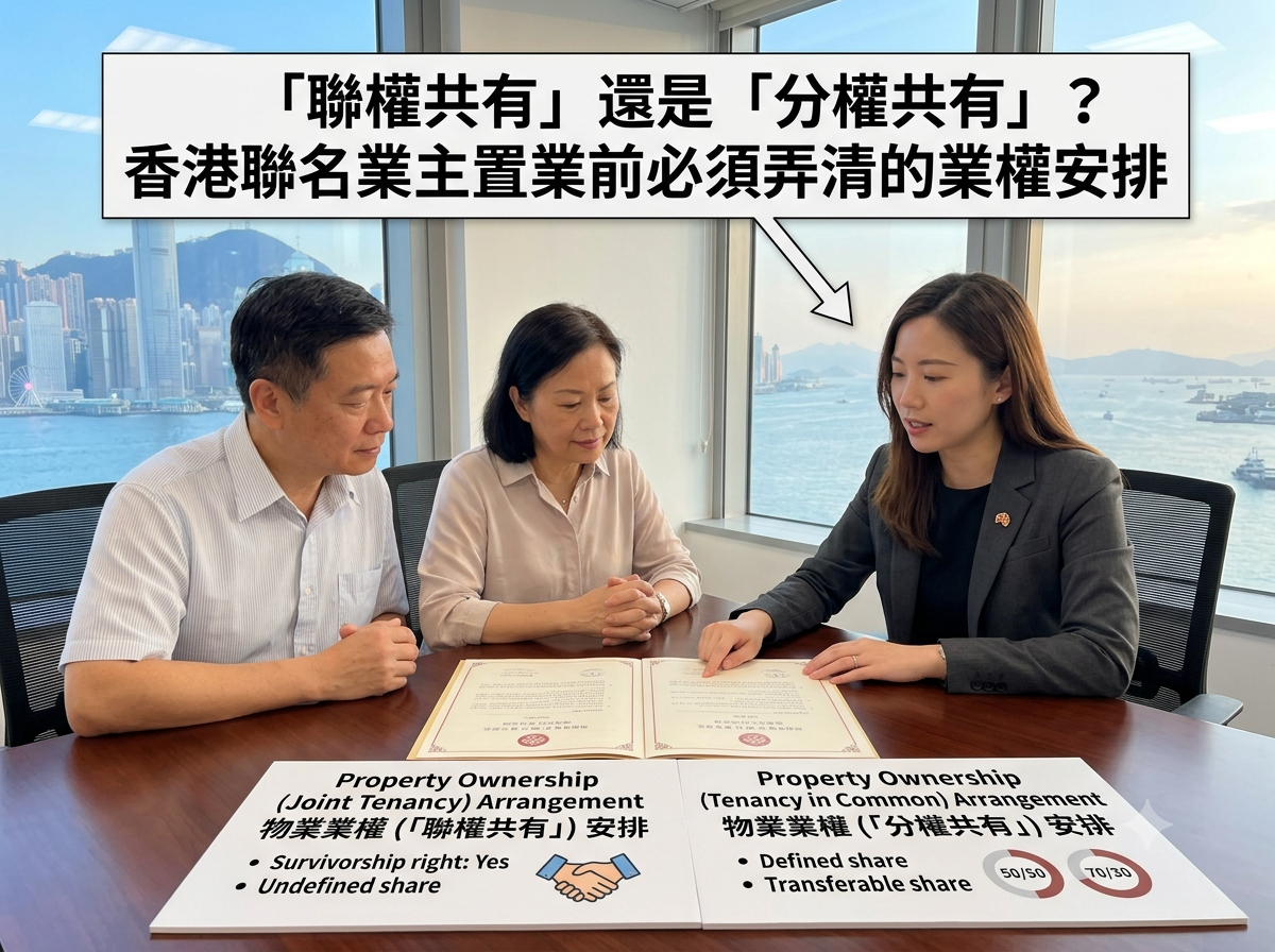 一名專業顧問向一對夫婦解釋香港聯名業主的「聯權共有」（長命契）與「分權共有」兩種業權安排。