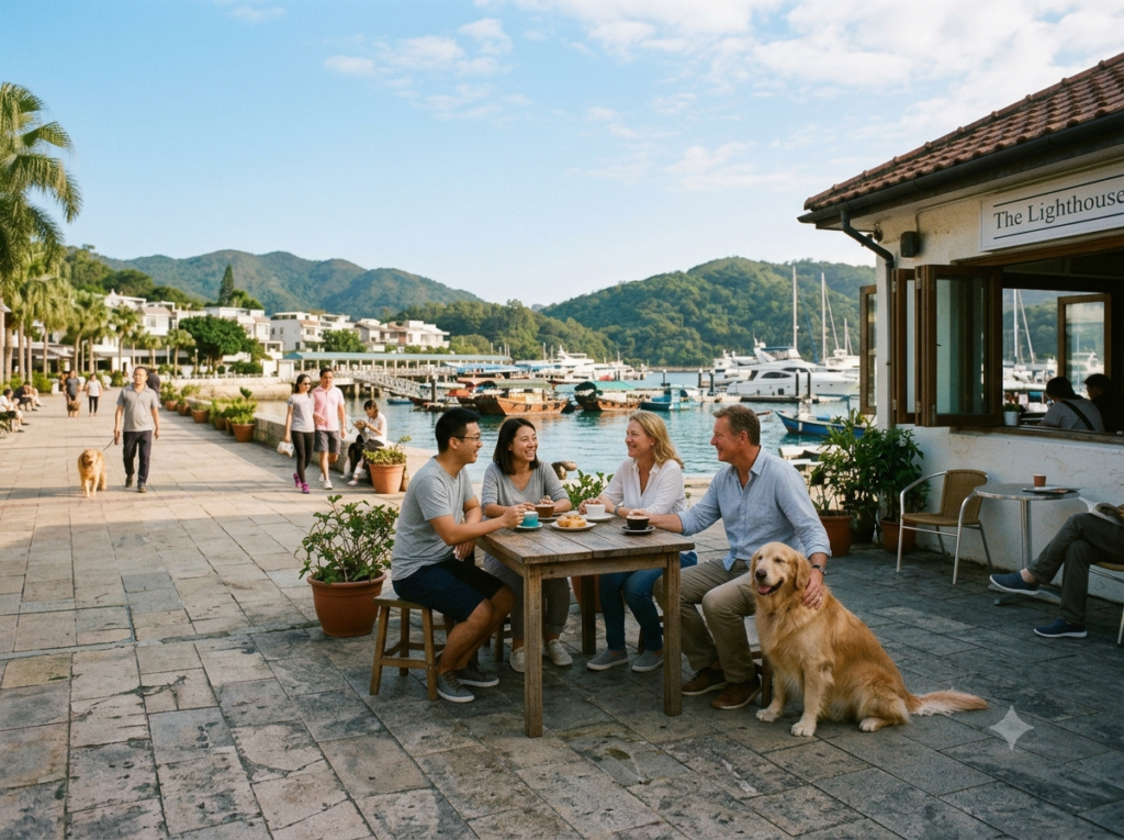 A sunny 4:3 shot of local and expat residents enjoying coffee at an outdoor cafe on the Sai Kung waterfront promenade in Hong Kong, with a golden retriever, yachts in the harbor, and green mountains in the background