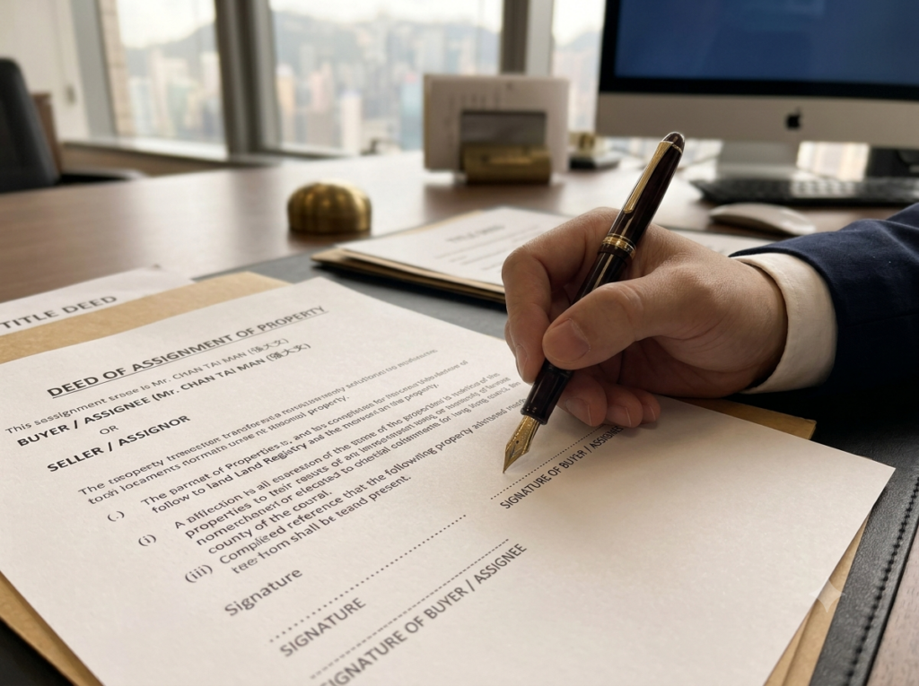 Close-up shot of a person's hand signing a Traditional Chinese property document titled "ASSIGNMENT OF PROPERTY" using a fountain pen. The document shows legal terms and names like "Mr. CHAN TAI MAN" in an office setting with a blurred Hong Kong city view.