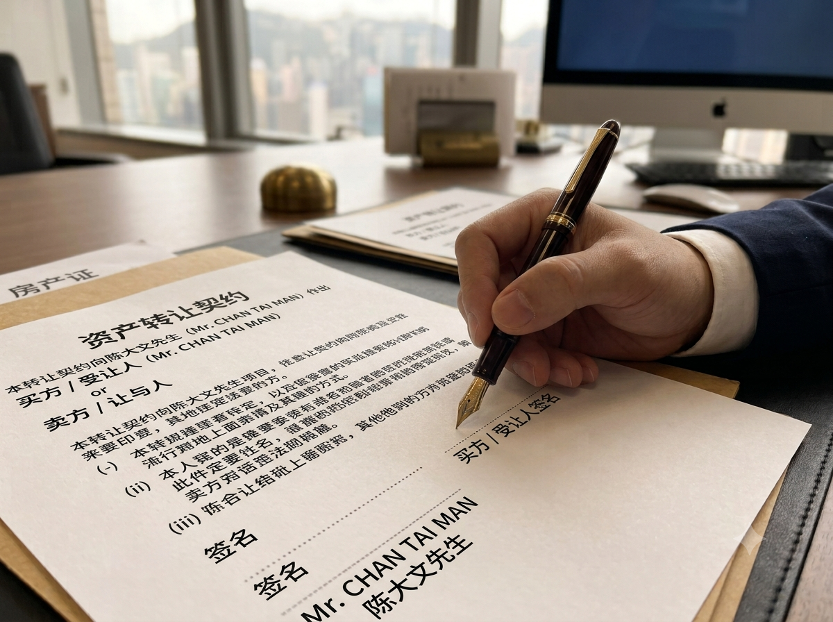 一只手正拿着钢笔在名为“ASSIGNMENT OF PROPERTY / 转让契”的繁体中文法律文件上签名的特写镜头。文件上印有“Mr. CHAN TAI MAN (张大文)”等字样，背景为模糊的香港城市景观办公室。