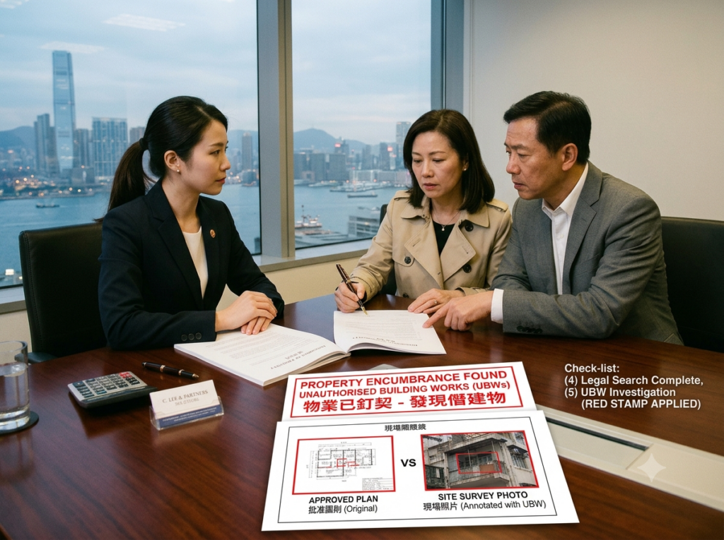 一對夫婦坐在俯瞰香港維多利亞港景致的高層律師樓辦公室內，與一名女律師共同審核物業買賣合約。桌上顯眼處放著一份蓋有紅印警告的官方文件，寫有中英文對照的「PROPERTY ENCUMBRANCE FOUND / UNAUTHORISED BUILDING WORKS (UBWs) / 物業已釘契 - 發現僭建物」。旁邊附有一份比對文件，將政府批准圖則與標註有僭建物的現場照片進行對照，突顯簽約前的法律風險。