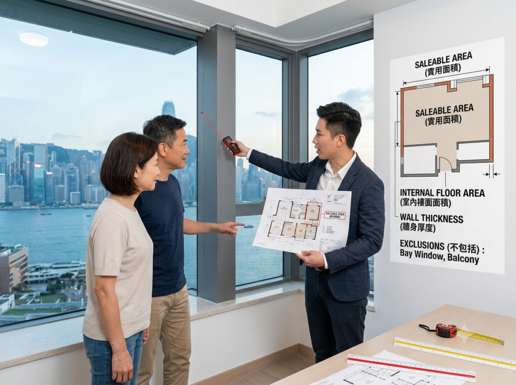 在一個可以鳥瞰香港天際線和維多利亞港全景的現代化高層住宅單位中，一名地產經紀手持雷射測距儀和一張實用面積圖紙，向一對夫婦解釋實用面積的概念。牆上掛著一張標題為「SALEABLE AREA (實用面積)」的詳細圖表，具體呈現了住宅測量的方式，並強調了不包含在室內樓面面積中的項目，例如窗台和露台。