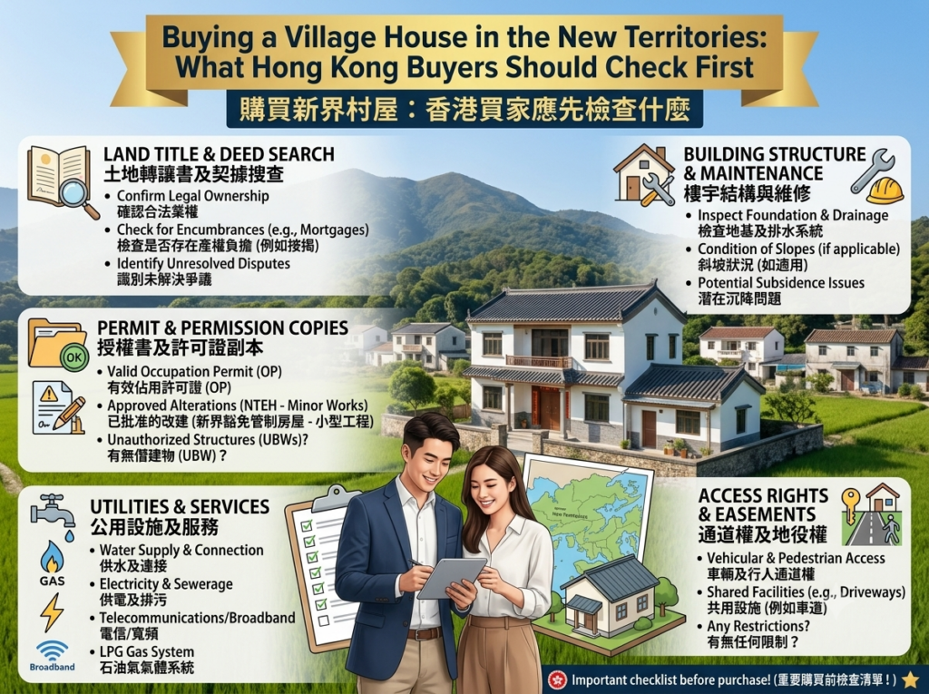 这是一张专为购买香港新界村屋设计的资讯图表指南，画面中一对微笑的夫妇拿着平板电脑，背景是村屋。图表以中英文列出关键检查项目，包括：“土地转让书及契据搜查”、“楼宇结构与维修”、“授权书及许可证副本”、“通道权及地役权”以及“公用设施及服务”，每个项目都附有详细的子要点和说明图示。