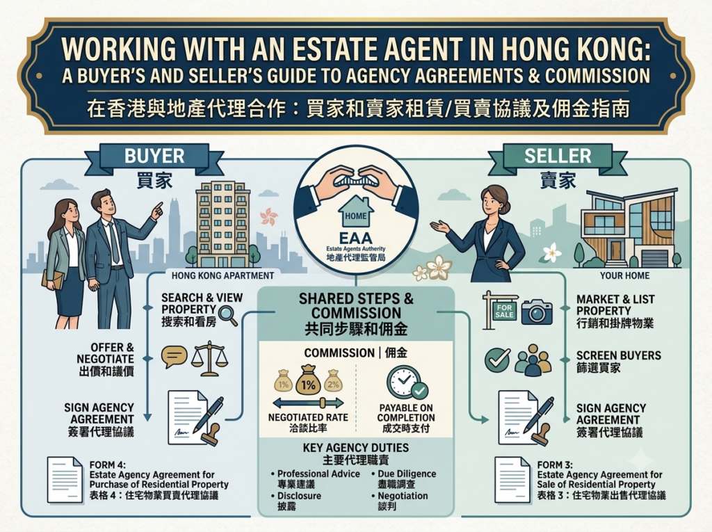 这是一张说明如何在香港与地产代理合作的资讯图表。中央为地产代理监管局（EAA）标志，左侧展示买家步骤（搜索和看房、出价和议价、签署表格4住宅物业买卖代理协议），右侧展示卖家步骤（营销和挂牌物业、筛选买家、签署表格3住宅物业出售代理协议）。下方标示佣金安排（洽谈比率、成交时支付）及代理的主要职责（专业建议、尽职调查、披露与谈判）。