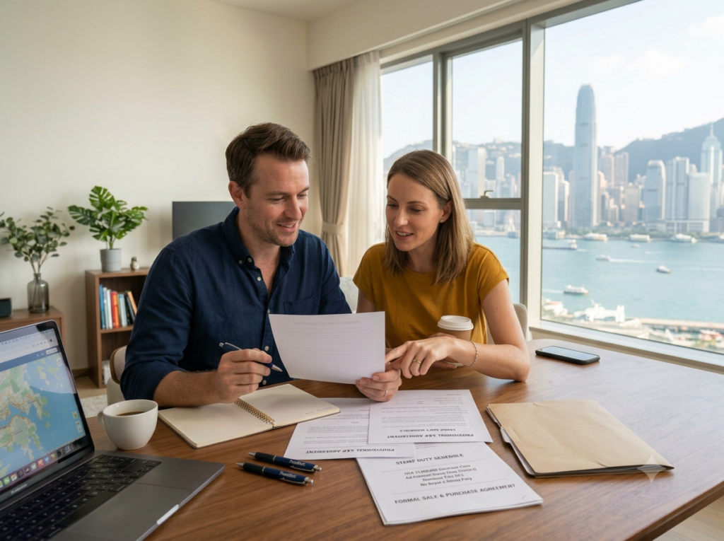 Expat couple reviewing property documents and sales agreement for a Hong Kong apartment purchase with Victoria Harbour skyline view