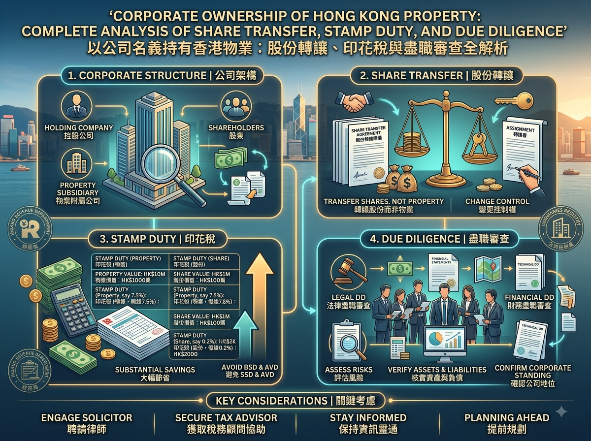 這是一張說明以公司名義持有及買賣香港物業的資訊圖表。分為 4 個核心區塊：1. 公司架構（控股公司、物業附屬公司與股東關係）；2. 股份轉讓（買賣公司股份而非直接買賣物業、變更控制權流程）；3. 印花稅（比較物業買賣印花稅與股份轉讓印花稅，說明如何節省稅務成本）；4. 盡職審查（法律盡職審查、財務盡職審查、評估隱性負債與確認公司地位）。底部提示聘請律師、獲取稅務顧問協助、保持資訊靈通及提前規劃。
