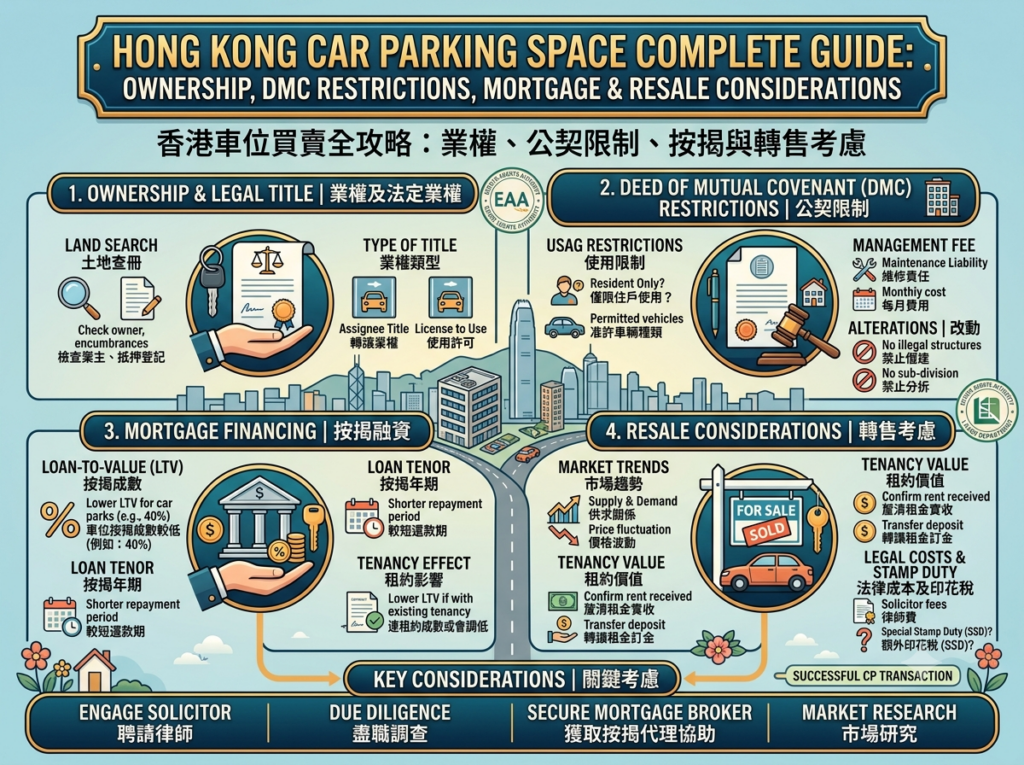 An infographic guide detailing car parking space transactions in Hong Kong. Divided into 4 sections: 1. Ownership & Legal Title (Land Search, Assignee Title vs. License to Use); 2. Deed of Mutual Covenant (DMC) Restrictions (resident-only rules, permitted vehicle types, management fees, no sub-division); 3. Mortgage Financing (lower LTV ratio limits, shorter loan tenor, existing tenancy effects); 4. Resale Considerations (market supply and price trends, tenancy value, stamp duty, and legal fees). Bottom tips emphasize hiring a solicitor, conducting due diligence, securing mortgage broker help, and market research.