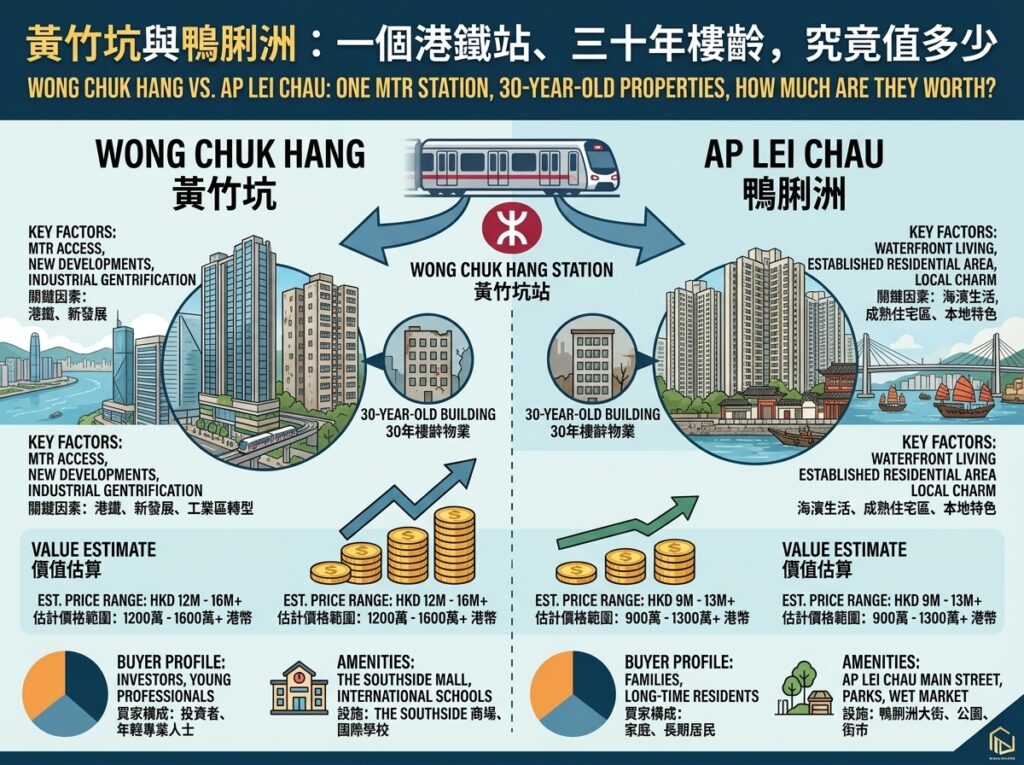 这是一张对比南区黄竹坑与鸭脷洲 30 年楼龄物业价值的资讯图表。中央以“黄竹坑港铁站（Wong Chuk Hang Station）”连接两区。左侧黄竹坑强调港铁转乘、新发展项目（THE SOUTHSIDE 商场）与工业区转型，估价约 HK$1,200万–1,600万+，买家多为投资者与年轻专业人士；右侧鸭脷洲强调海滨生活、成熟社区（鸭脷洲大街、公园街市）与在地特色，估价约 HK$900万–1,300万+，买家多为家庭与长期居民。