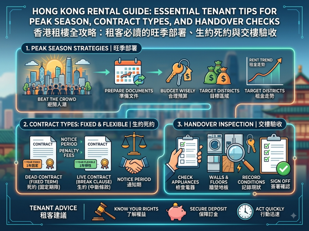 这是一张说明香港租客必读指南的资讯图表。主要分为 3 个步骤及 1 个提示区块:1. 旺季部署(避开人潮、准备文件、合理预算、目标区域与租金走势);2. 生约死约(死约 1 年固定期限、生约 1 年中断条款及通知期说明);3. 交楼验收(检查电器、检查墙壁地板、拍照记录现状与签署确认);4. 租客建议(了解自身权益、保障押金与行动迅速)。