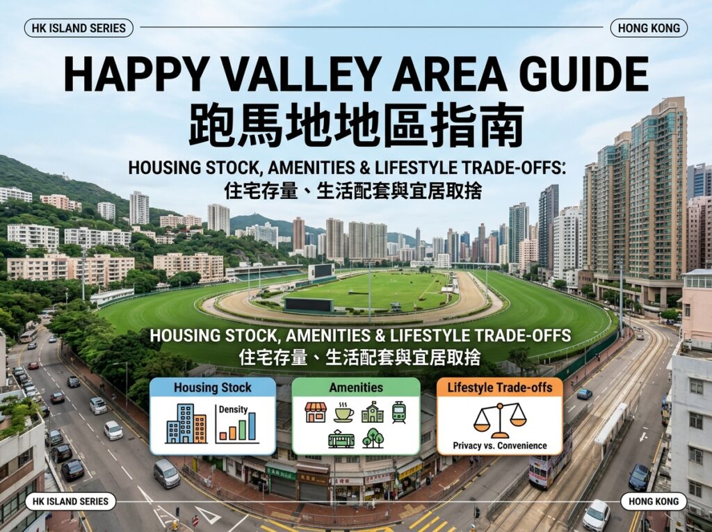 這是一張跑馬地地區指南的資訊圖表，背景展示香港跑馬地的低密度住宅、豪宅建築群與標誌性的綠色馬場。畫面重點分析該區的住宅存量分佈、高端生活配套設施，以及買家在選擇傳統高尚住宅區時的宜居取捨考量。