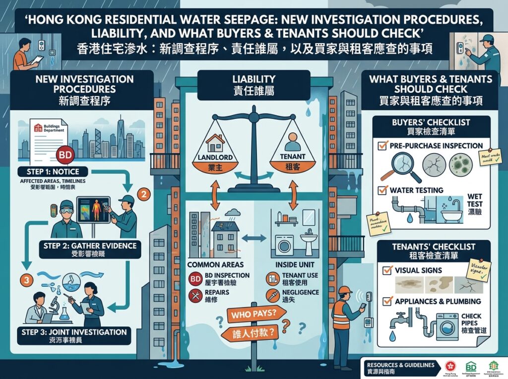 关于香港住宅渗水问题的资讯图表。版面分为三部分：左侧展示政府部门的新调查程序，包含发出通知、搜集证据与联合调查三个步骤；中间以天平图解业主与租客在公用地方及单位内部漏水时的责任归属与维修费用分担；右侧提供买家与租客的防漏检查清单，包括买前检查、湿度测试、目视水迹及管道检查等注意事项
