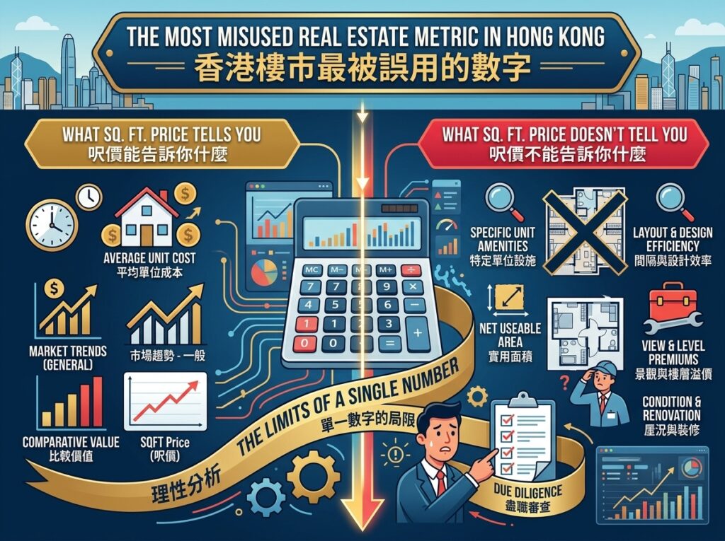 An infographic analyzing the limitations of the "Price Per Square Foot" (PSF) metric in Hong Kong's housing market. Features a calculator in the center split into two sides against a skyline backdrop. Left side (yellow): "What Sq. Ft. Price Tells You" listing average unit cost, general market trends, and comparative value. Right side (red): "What Sq. Ft. Price Doesn't Tell You" highlighting layout efficiency, net usable area, floor & view premiums, and interior condition/renovations. Bottom banners emphasize "Rational Analysis" and "Due Diligence".
