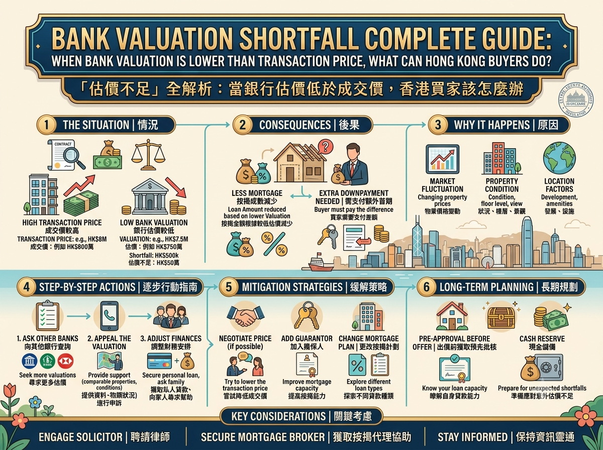 An infographic detailing how to handle bank valuation shortfalls in Hong Kong property transactions. The workflow covers 6 sections: 1. The Situation (transaction price exceeds bank valuation); 2. Consequences (reduced mortgage loan amount and required extra downpayment); 3. Why It Happens (market fluctuations, property condition/view, location factors); 4. Step-by-Step Actions (inquire with multiple banks, appeal the valuation with evidence, adjust financial plans); 5. Mitigation Strategies (re-negotiate price, add a guarantor, switch mortgage plans); 6. Long-Term Planning (get pre-approval before offering, maintain cash reserves). Bottom tips emphasize engaging a solicitor and working with mortgage brokers.