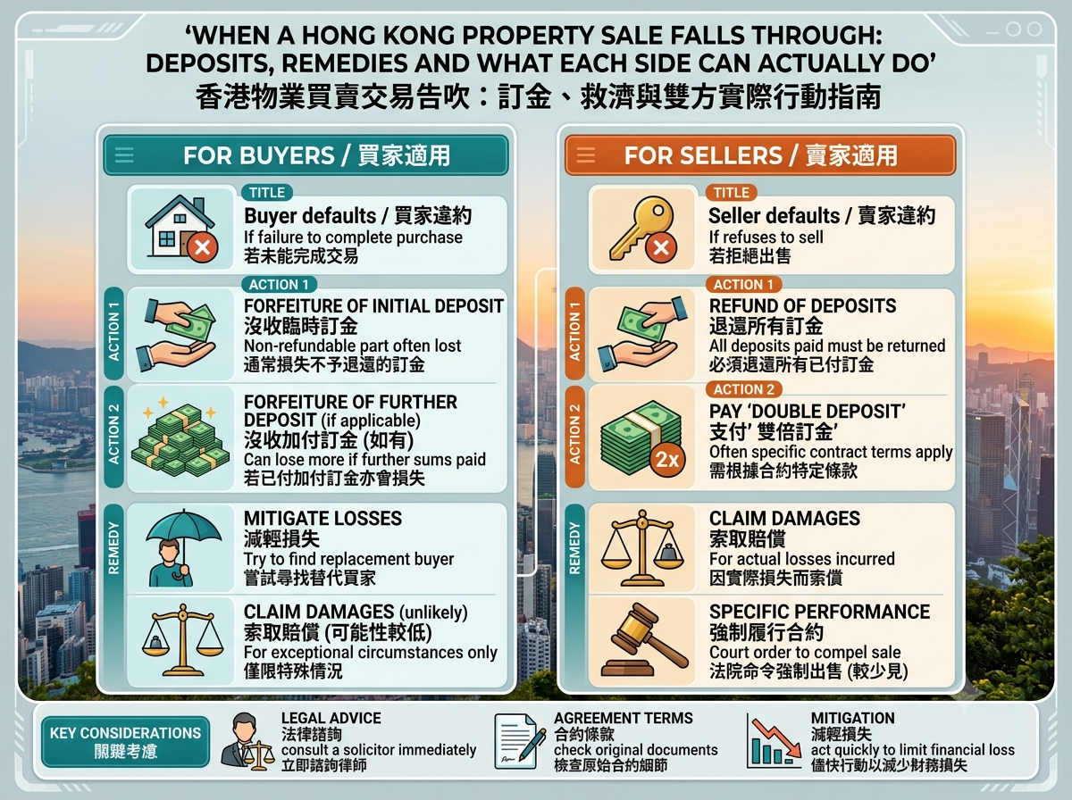 An infographic guide outlining the legal remedies and options when a Hong Kong property transaction falls through. Divided into 2 main columns: Left side covers seller remedies if the buyer defaults (forfeiture of initial deposit, forfeiture of further deposit, mitigating losses with replacement buyers, and claiming additional damages); Right side covers buyer remedies if the seller defaults (full refund of deposits, payment of 'double deposit', suing for specific performance, and claiming actual damages). Bottom tips emphasize immediate legal advice, inspecting contract terms, and quick action to mitigate losses.