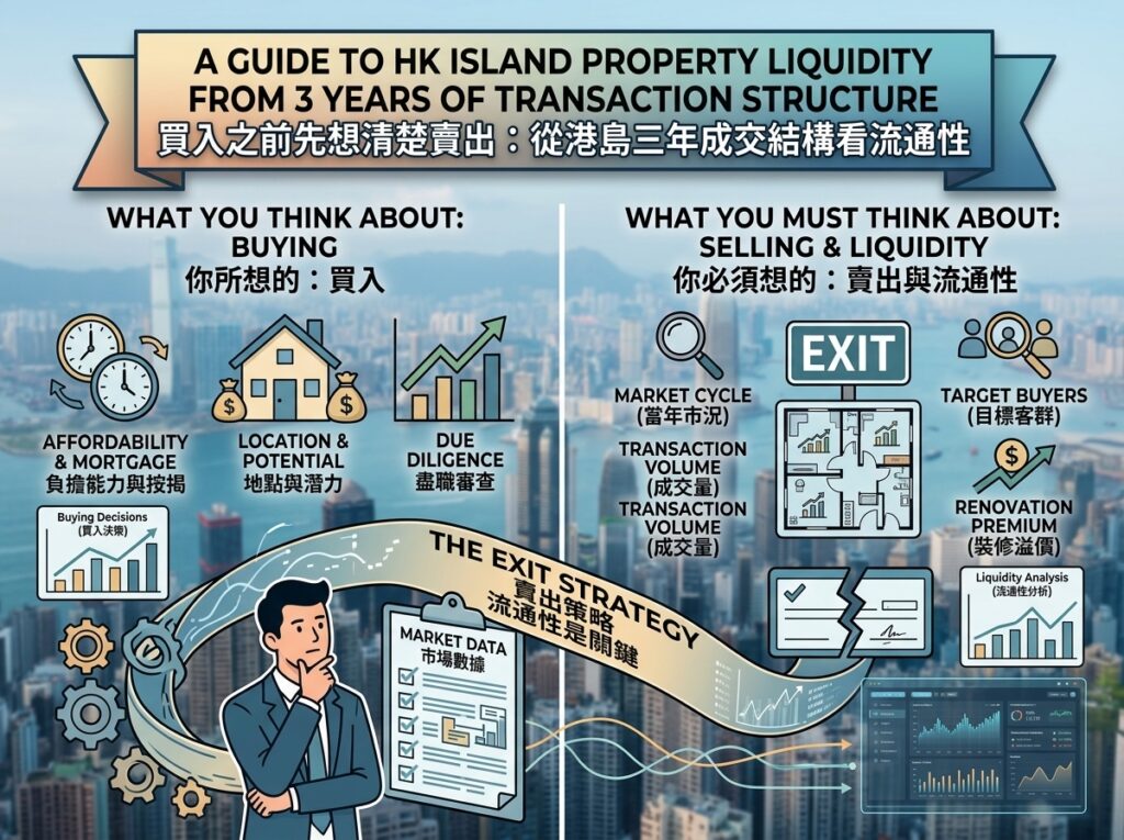 An infographic contrasting the purchasing mindset with exit/liquidity strategies in Hong Kong real estate. Titled "A GUIDE TO HK ISLAND PROPERTY LIQUIDITY FROM 3 YEARS OF TRANSACTION STRUCTURE", it divides into two sides: Left ("What You Think About: Buying") showing affordability, mortgage, location, and due diligence; Right ("What You Must Think About: Selling & Liquidity") highlighting market cycles, transaction volumes, target buyers, exit strategy, and renovation premiums. Center banner reads "THE EXIT STRATEGY: Liquidity is Key".