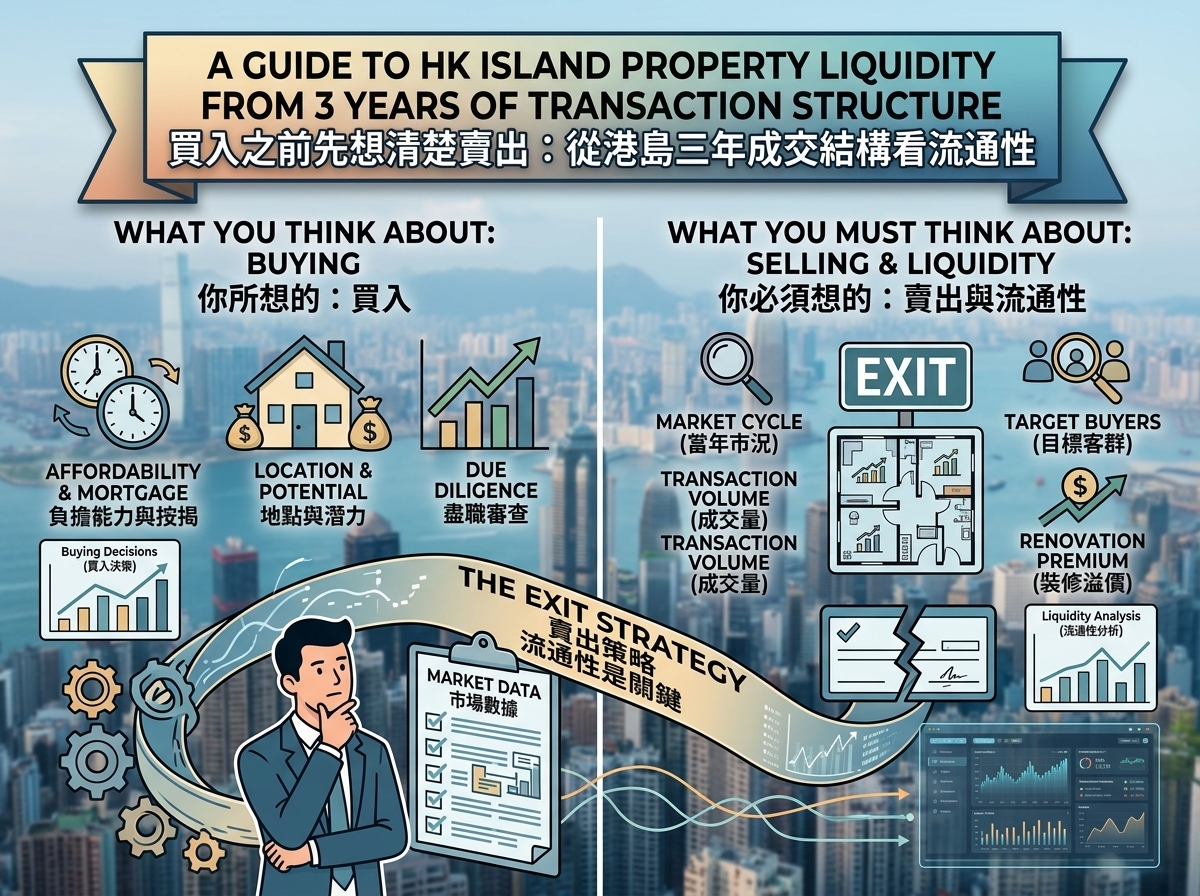 这是一张对比房产买入思维与卖出流通性策略的资讯图表。背景为香港天际线，上方标题为“买入之前先想清楚卖出：从港岛三年成交结构看流通性”。画面分为左右两侧：左侧“你所想的：买入（What You Think About: Buying）”涵盖负担能力与按揭、地点与潜力、尽职审查；右侧“你必须想的：卖出与流通性（What You Must Think About: Selling & Liquidity）”列出当前市况、成交量趋势、目标客群、EXIT 出口策略及装修溢价。中央以“卖出策略：流通性是关键”布条贯穿，配有投资者依据市场数据进行理性分析的插图。