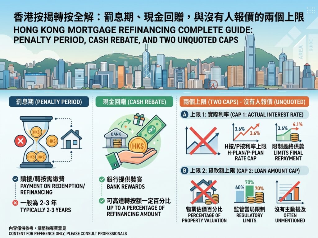 An educational infographic on Hong Kong mortgage refinancing featuring the Victoria Harbour skyline. The graphic is structured into three main sections: Penalty Period (typically 2-3 years), Cash Rebate incentives from banks, and The Two Unquoted Caps detailing Cap 1: Actual Interest Rate Cap (H-Plan/P-Plan rate cap) and Cap 2: Loan Amount Cap (property valuation percentage and regulatory limits).