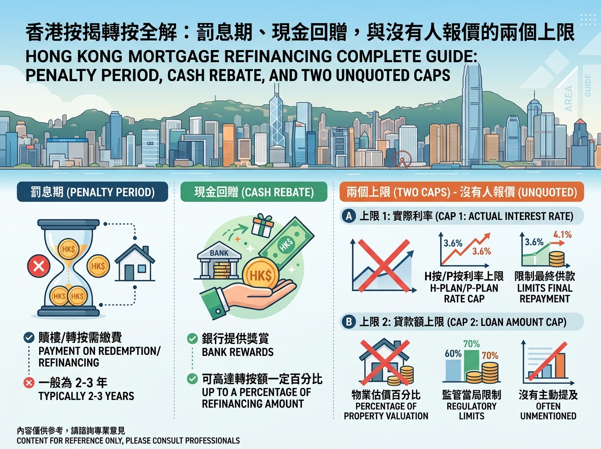 一张关于香港按揭转按的资讯图表。背景为维多利亚港天际线，下半部拆解三个核心要点：第一区为罚息期（一般 2-3 年）；第二区为现金回赠（银行提供的转按奖赏）；第三区详解“两个隐形上限”，包含 Cap 1 实际利率上限（H按/P按封顶位）与 Cap 2 贷款额上限（物业估值比例与监管限制）。