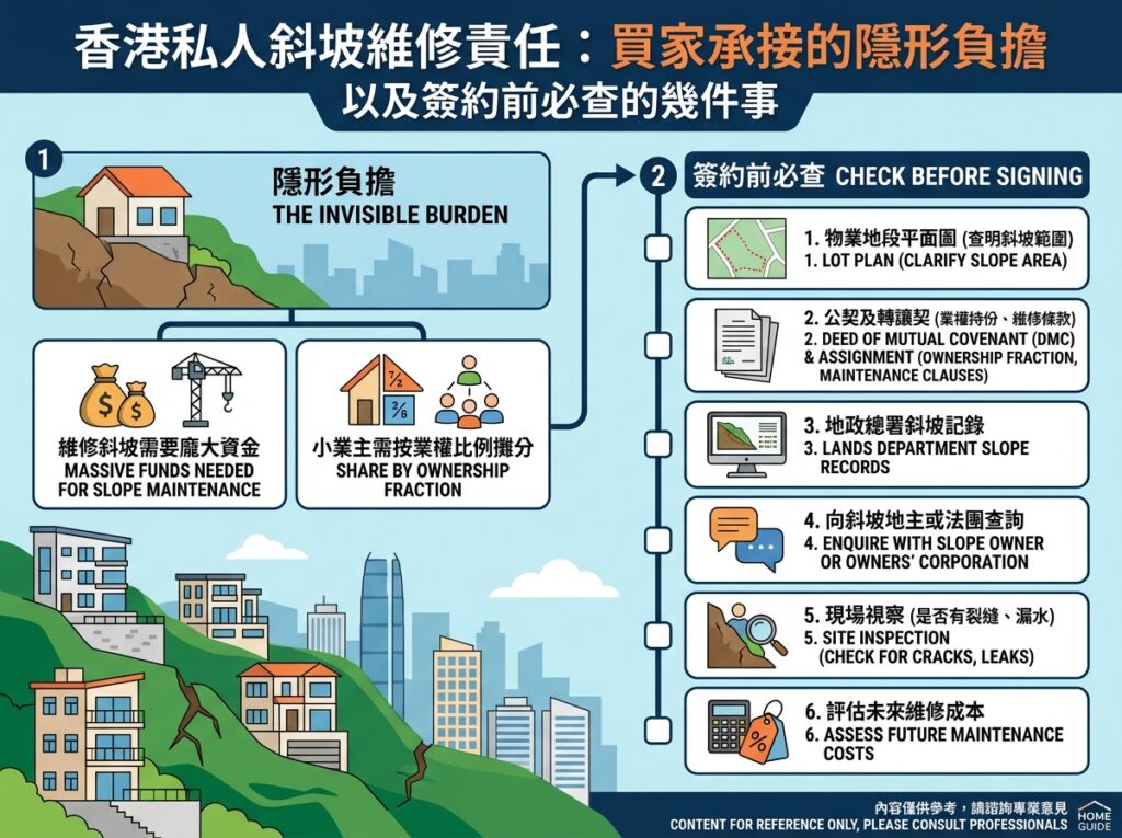 A 4:3 real estate infographic explaining private slope maintenance liabilities in Hong Kong. The left section details "The Invisible Burden," highlighting massive maintenance costs and how expense shares are split by ownership fraction. The right section features a 6-step pre-signing checklist for buyers: 1. Review Lot Plan for slope boundary, 2. Check Deed of Mutual Covenant (DMC) clauses, 3. Inspect Lands Department slope records, 4. Enquire with slope owner or Owners' Corporation, 5. Conduct site inspection for cracks/leaks, and 6. Assess potential future maintenance costs.