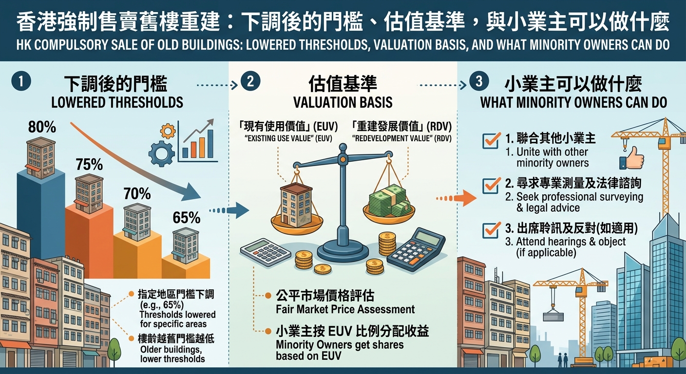 An educational 4:3 infographic on Hong Kong's updated Land (Compulsory Sale for Redevelopment) Ordinance against a skyline backdrop of urban renewal. Section 1 outlines lowered thresholds (reduced from 80% down to 70% or 65% based on building age and designated areas). Section 2 explains the valuation basis (proceeds distributed according to Existing Use Value, EUV ratios). Section 3 provides action steps for minority owners (check building age, seek legal and survey support, file notice of opposition within 21 days).