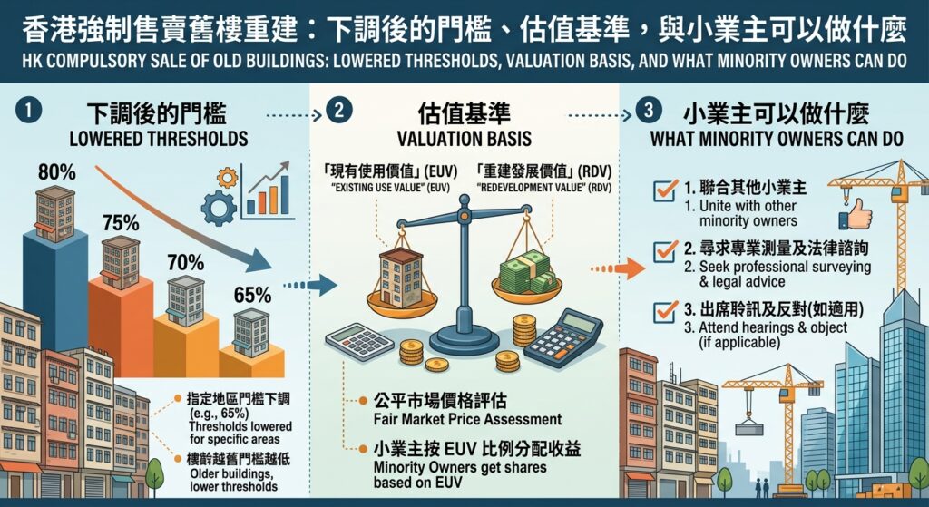 一张关于香港《强拍条例》新修订的 4:3 资讯图表。背景结合旧楼重建施工与现代高楼天际线。图表分为三大部分:左侧展示“下调后的门槛”(按楼龄及指定地区由 80% 降至 70% 或 65%);中间图解“估值与分配基准”(以独立测量师评估的现有使用价值 EUV 比例分配拍卖净收益);右侧列出“小业主应对指南”(查核楼龄与业权、寻求免费法律及专业测量咨询、于 21 天期限内提交反对通知书)。