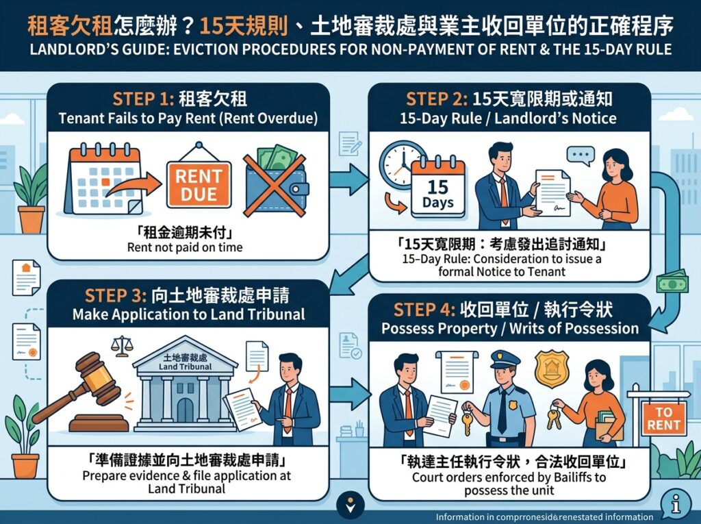 租客欠租處理流程圖，包含15天寬限期、土地審裁處申請及執達主任執行令狀收回單位的中英文對照步驟。