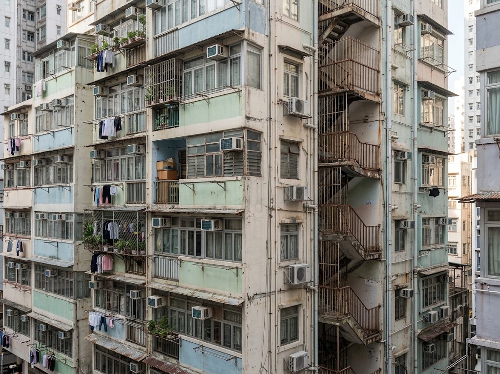 展現香港中高齡綜合用途樓宇外牆、外露逃生樓梯與密集住宅窗台，象徵受第572章規管之舊樓